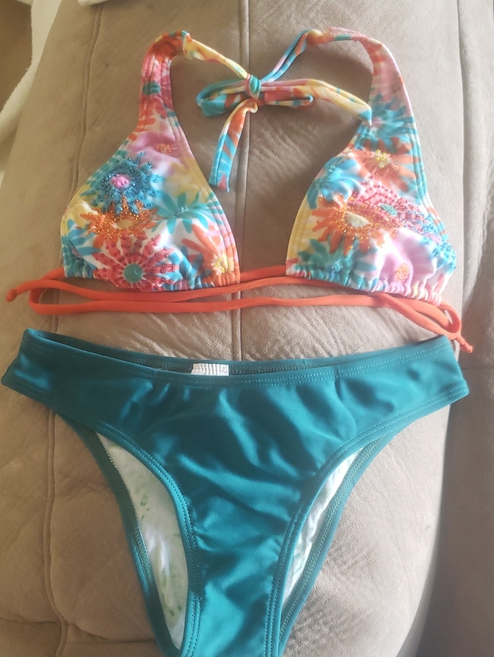 Teal & Multicolor Floral Two-Piece Swim Set